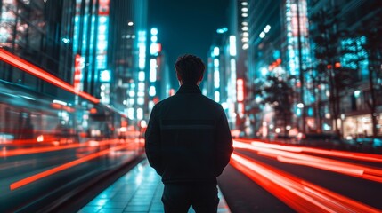 Contemplating urban velocity, A lone figure amidst light trails