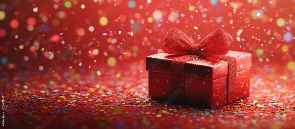 Poster red gift box with a bow positioned centrally on a shimmering red background filled with colorful bok
