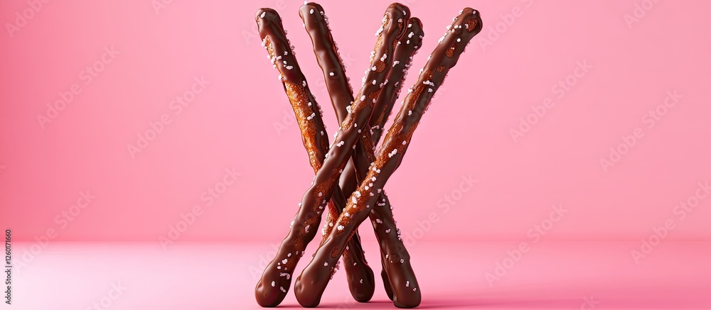 Poster chocolate-covered pretzel sticks arranged in an x formation on a soft pink background with a smooth 