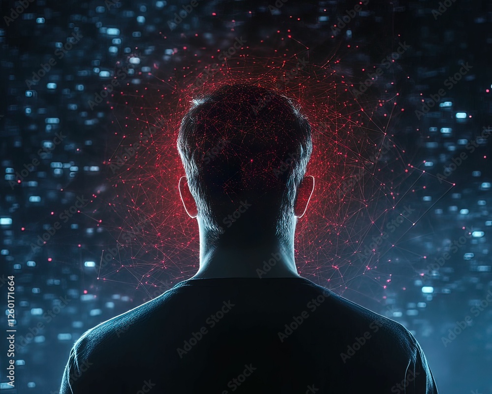 Poster futuristic hacker encounter amid chaotic red code urban setting digital nighttime back view technolo