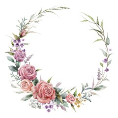 Floral watercolor wreath with roses and herbs. Digital illustration.