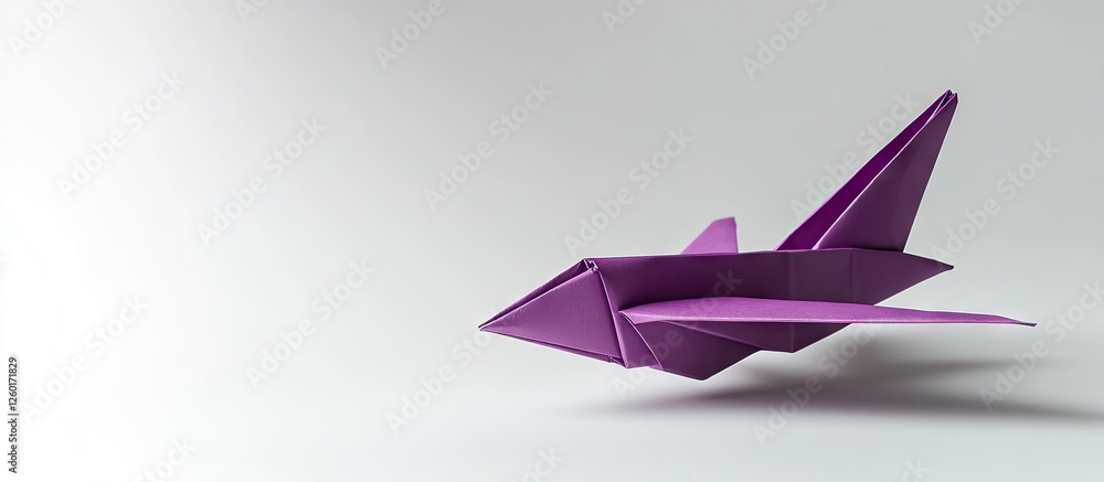 Poster purple origami paper plane positioned on the right side against a soft gradient white background hig