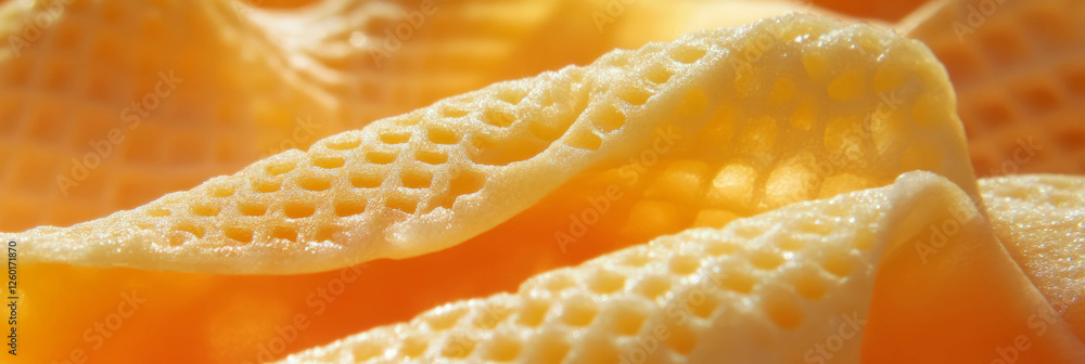 Poster delicate pale yellow cone wafer with textured squares and smooth curves under soft light