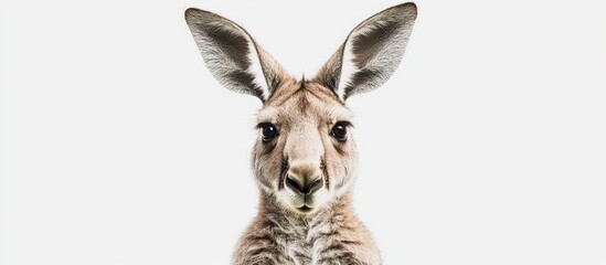 Kangaroo portrait with large ears centered against a bright white background, showcasing fine details of fur and facial features in high resolution.
