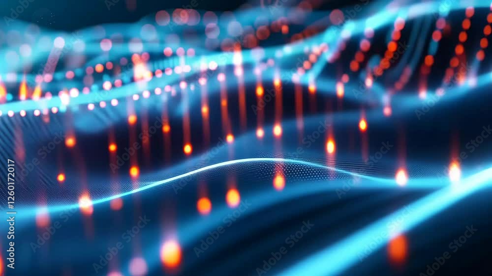 Poster vibrant light patterns and glowing particles appear to dance over a futuristic digital landscape, cr