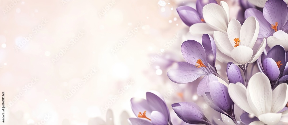 Poster blooming purple and white crocuses on a soft pastel background with delicate bokeh, positioned on th