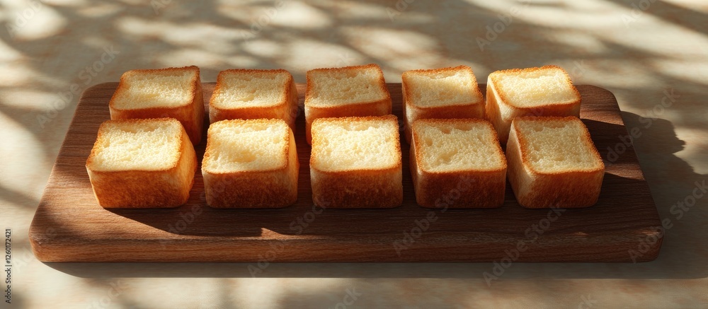 Poster golden brown crispy bread slices arranged in two neat rows on a wooden cutting board with soft airy 