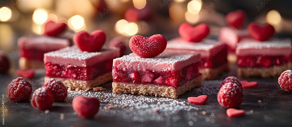 Poster raspberry bars with glossy red layers topped with white icing sugar hearts arranged on a dark surfac