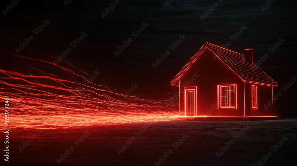 Poster cyberattack visualization of glowing red streams targeting a house digital dark environment abstract