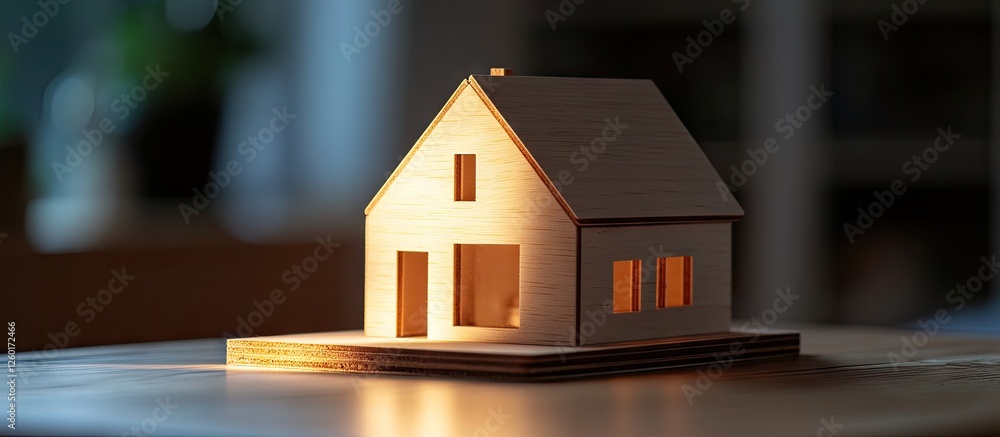 Poster wooden model of a house illuminated with warm light on a table suggesting real estate concepts with 