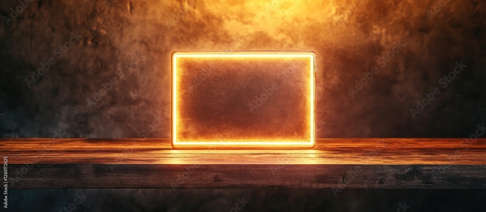 Poster neon illuminated rectangular frame centered on a wooden table with warm orange and dark gray backgro