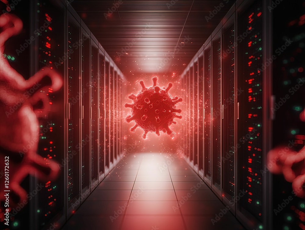 Poster cyber attack simulation dark server room data breach incident high-tech environment futuristic viewp