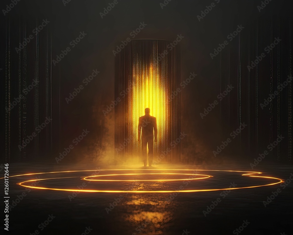 Poster sentient data server awakens in ominous glow futuristic lab digital dark environment surreal viewpoi