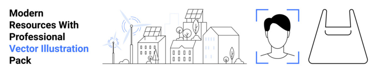Renewable energy buildings with solar panels, wind turbines, facial recognition user profile, reusable bag. Ideal for sustainability, eco-tech, smart cities, identification, renewable resource
