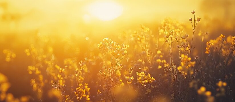 Golden rapeseed field at sunset with vibrant yellow flowers in the foreground creating a warm nature scene symbolizing spring and agriculture.