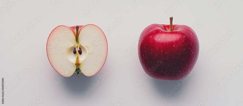 Poster red apple whole and half sliced showing seeds isolated on white background from a top view flat lay 