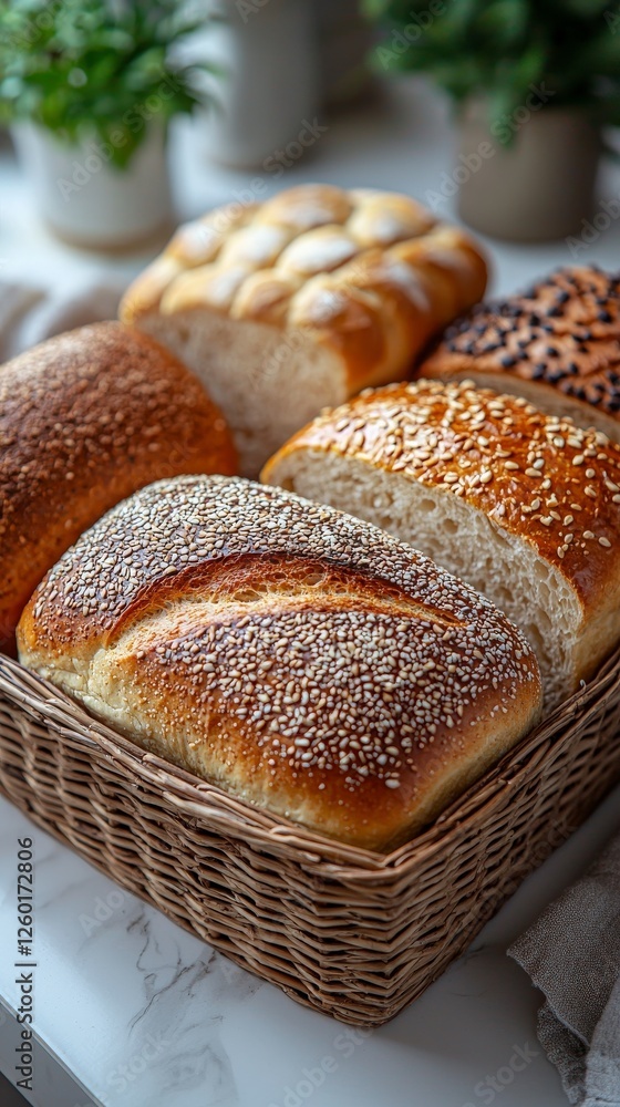 Poster a beautiful display of various freshly baked breads arranged in a wicker basket, showcasing differen