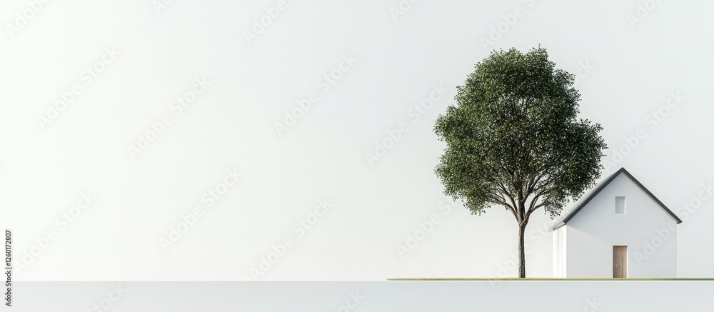 Poster scandinavian design mockup featuring a minimalist white house and a lush green tree on a blank wall 