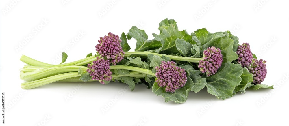 Poster vibrant red broccoli rabe with purple buds arranged on a clean white background highlighting its uni