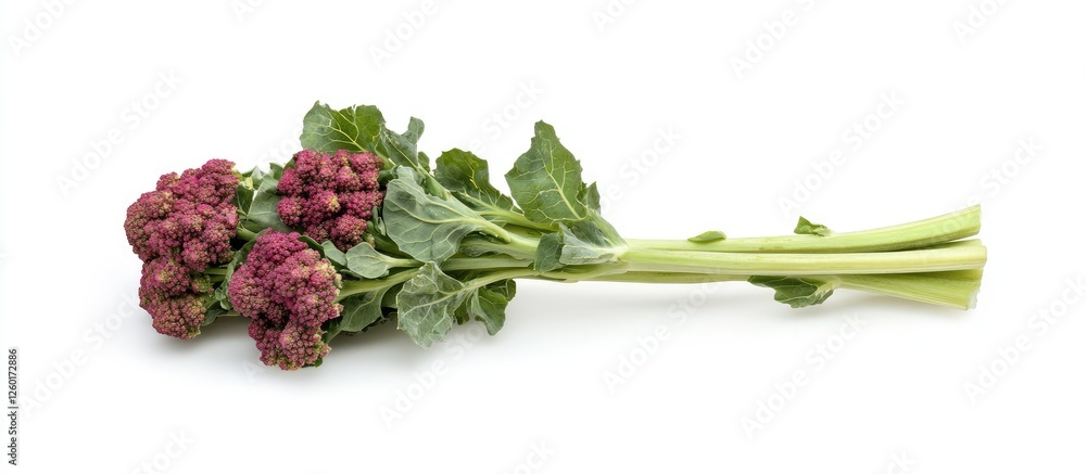 Poster vibrant red broccoli rabe positioned horizontally against a clean white background highlighting its 