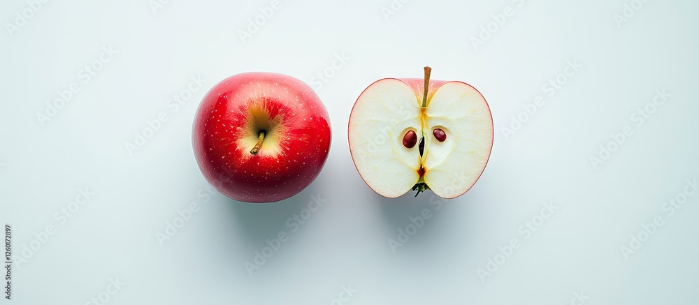 Aufkleber red apple and half apple on white background top view with vibrant red and white colors arranged sym