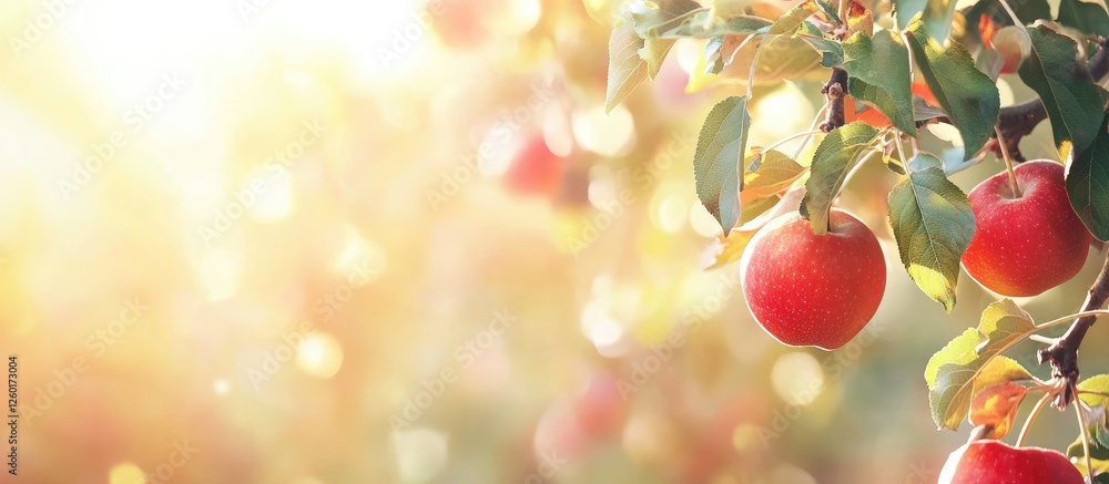 Poster ripe red apples hanging from a tree branch in soft sunlight with green leaves creating a warm, invit