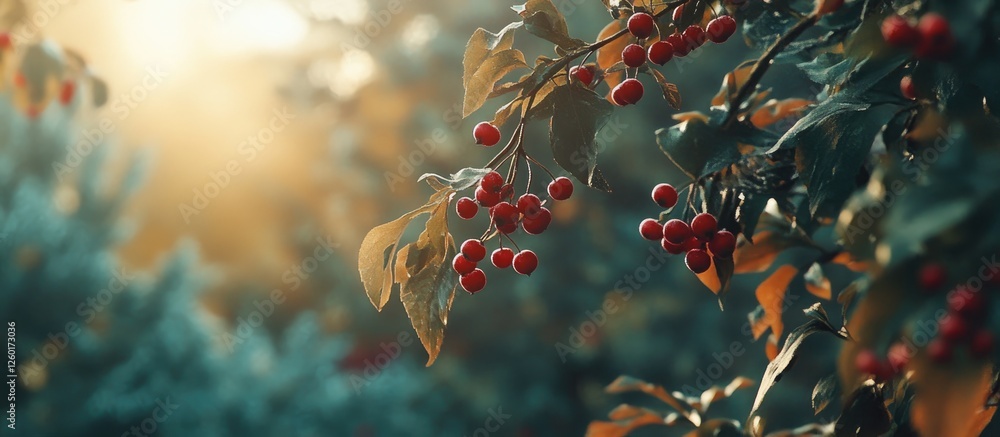 Poster red berries clustered on tree branches in a winter garden with a soft golden light filtering through
