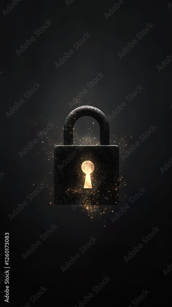 Poster floating ransomware padlock breaking into glowing fractal design digital space graphic abstract envi