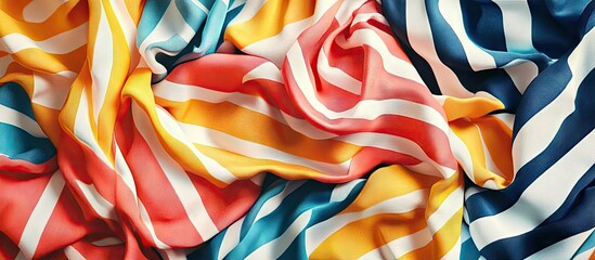Colorful striped fabric in vibrant hues of orange, blue, yellow, and pink, neatly folded with precise cuts, ideal for sewing projects.