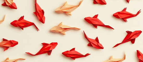 Red and gold origami koi carp scattered across a cream background with vibrant hues and varied positions creating a dynamic flat lay composition