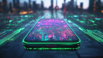 Futuristic smartphone displaying city data on circuit board.