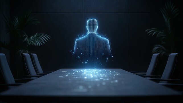 Futuristic boardroom with glowing data holograms high-tech meeting space corporate environment digital interaction concept