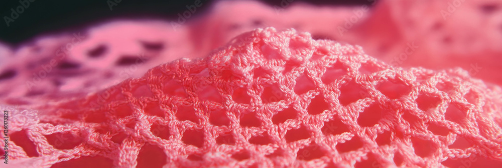 Poster intricate pink crocheted tablecloth showcasing delicate lace patterns and textures in close-up