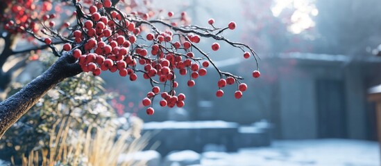 Bright red berries clusters on bare branches in a serene winter garden with soft morning light, frosty ground, and blurred distant trees.