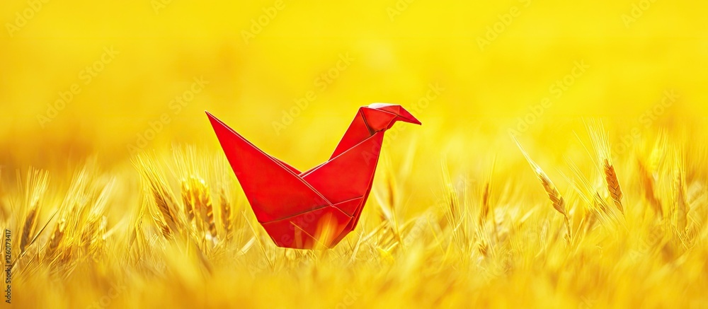 Poster red origami dove positioned prominently in a bright yellow field of soft grass creating a vibrant co