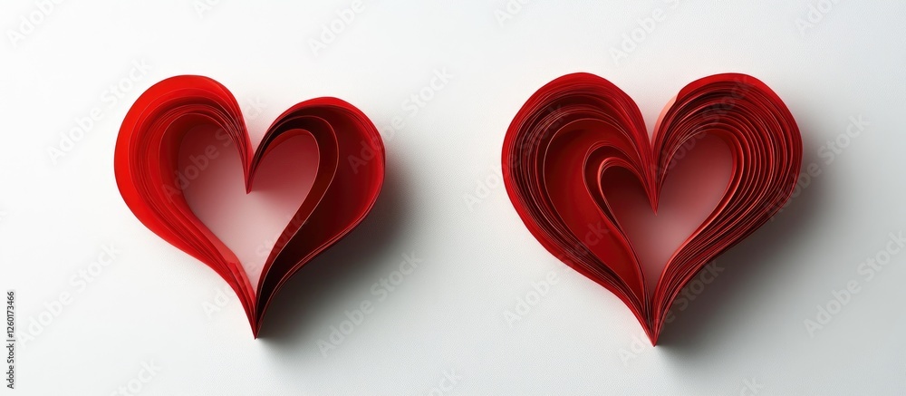 Poster red paper hearts in two slightly different sizes positioned side by side on a clean white background