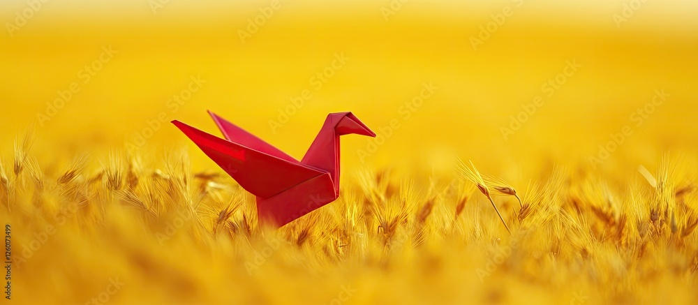 Poster red origami dove positioned in the center of a vibrant yellow field with soft focus wheat stalks in 
