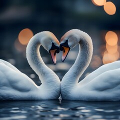 Fototapeta premium Swans forming heart, lake, sunset, romance, love