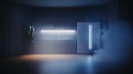 Futuristic smart home under malware attack urban setting digital artwork dark atmosphere suspenseful viewpoint