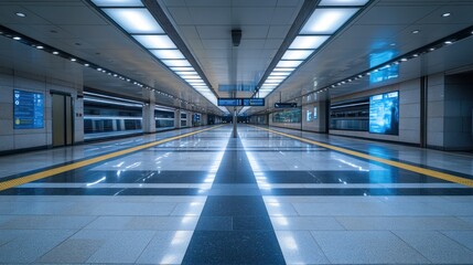 Fototapeta premium Modern Train Station Platform: Serene and Futuristic Subway Interior
