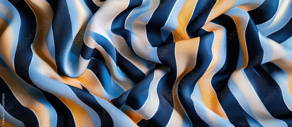 Poster elegant blue and beige striped fabric folded in waves displaying luxurious textures and reflective q