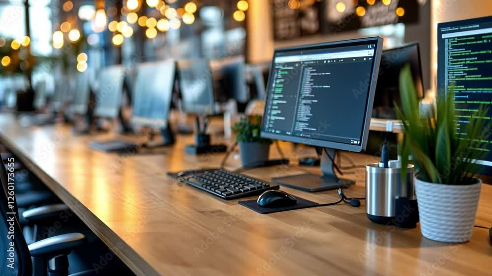 Poster modern workspace featuring dual monitors with coding software in a well-lit office environment