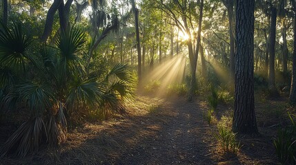 Sunbeams Illuminate a Forest Path Through Lush Green Trees