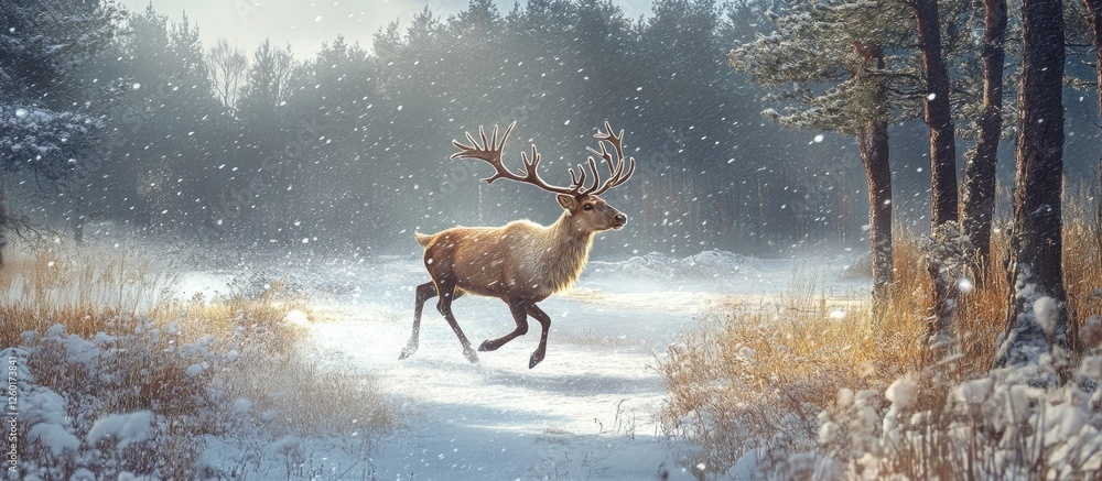 Poster reindeer galloping through a snowy forest scene with soft sunlight filtering through trees showcasin