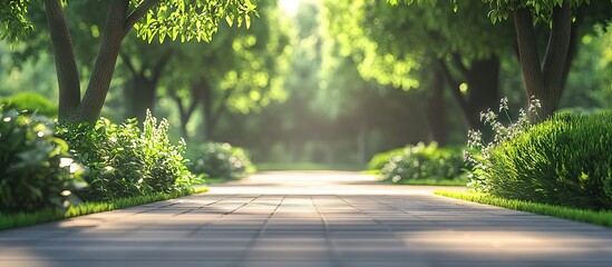 Tranquil paved walkway in a lush green park, featuring bright greenery on both sides and soft sunlight filtering through tree canopies.