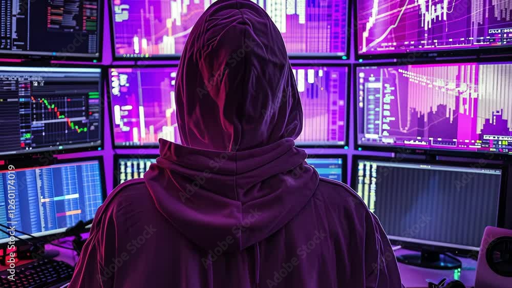 Poster a trader focuses intently on stock market trends, surrounded by glowing monitors showing financial d