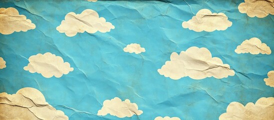 Vintage sky pattern with soft white clouds on a textured blue paper background; subtle beige undertones enhance the retro style and warmth.