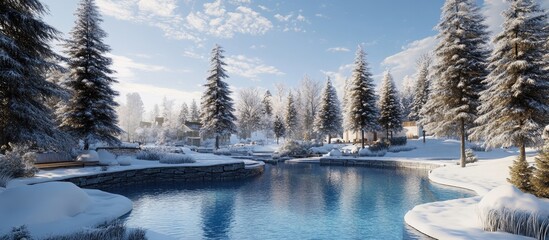 Serene winter landscape with snow-covered evergreen trees surrounding a calm blue lake under a bright cloudy sky in daylight.