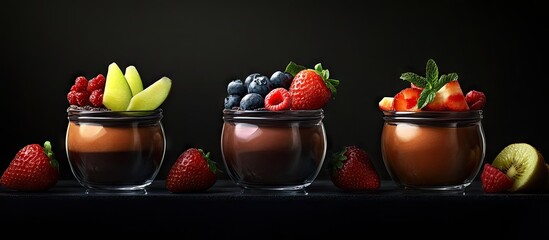 Elegant chocolate panna cotta in glass jars with fresh fruit garnishes, dark background, vibrant red strawberries, blueberries, and green melon.