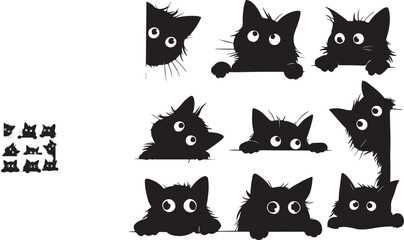 A collection of black silhouette cat illustrations, with exaggerated eyes and playful poses, peeking from corners and behind objects.